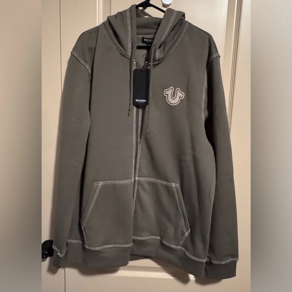 True Religion Mens Olive Zip Up Long Sleeve Pockets Fleece Hoodie Size 2XL